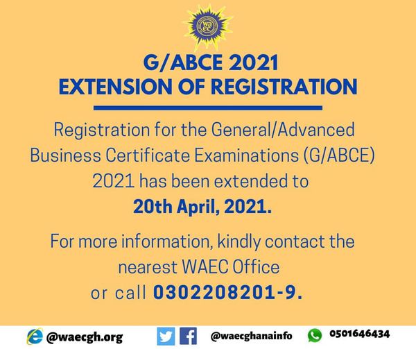 WAEC Extends the Registration Period of G/ABCE to 20th April, 2021