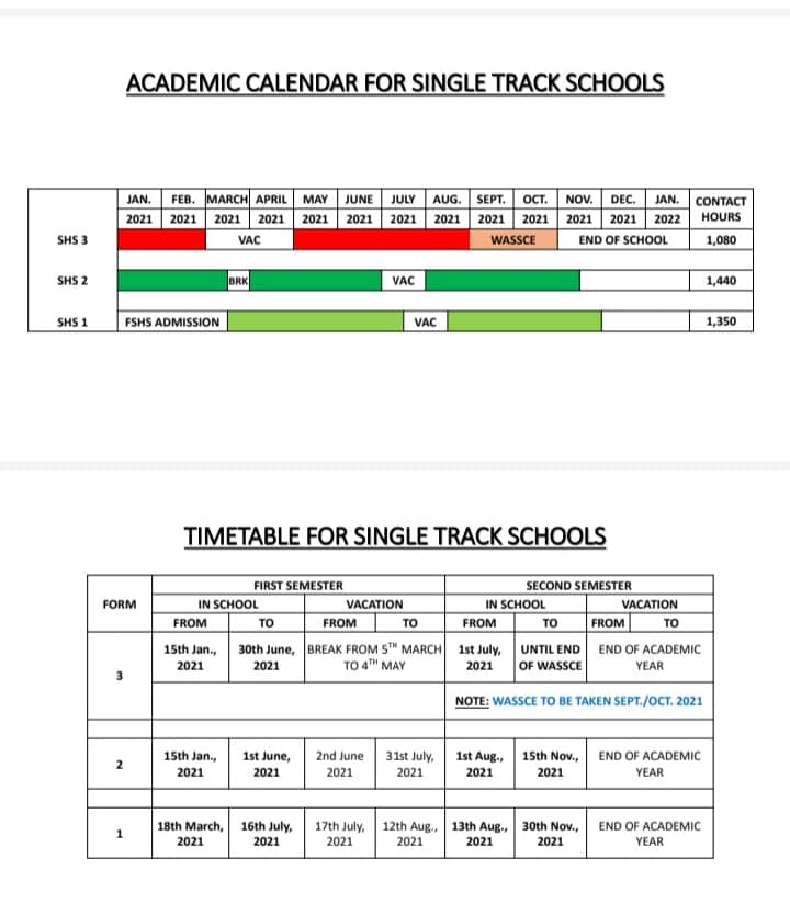 2021 Academic Calendar For Schools with SHS 1 and 2 Running Double