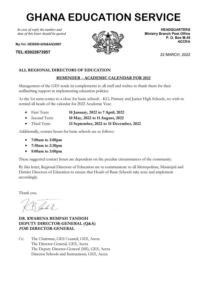 KG to JHS Academic Calendar for 2022