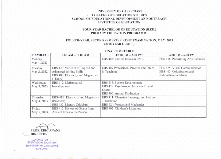 UCC College of Education Studies Resit Timetable & Centres For Second