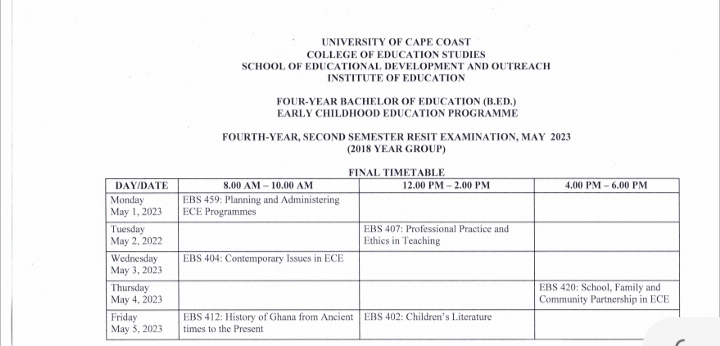 UCC College Of Education Studies Resit Timetable & Centres For Second ...